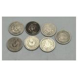 Seven US "V" Nickels: 1898, (2) 1899, 1904, (2) 19