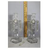 Pair clear glass candlesticks missing drop tine cr