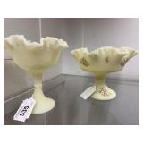Two Spode yellow custard glass pedestals - one HP
