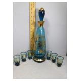 Blue Glass Decanter and six shot glass set with go