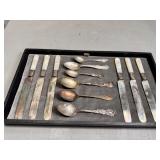 Sterling grouping - pearl handled knives, travel
