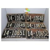 Six Florida License plates - new old stock consecu