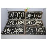 Six Florida License plates - new old stock consecu