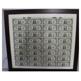 Framed full sheet of 1991 $1 bills 27" x 31"