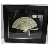 Bone carved fan in shadow box 15.5" x 17.5"