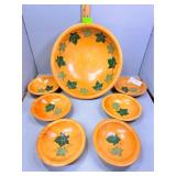 Wood carved serving bowl & six berry bowls with iv