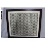 Framed full sheet of 1991 $1 bills 27" x 31"