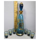 Blue Glass Decanter and six shot glass set with go