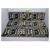 Six Florida License plates - new old stock consecu