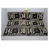 Six Florida License plates - new old stock consecu