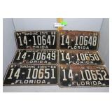 Six Florida License plates - new old stock consecu