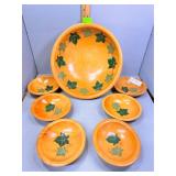 Wood carved serving bowl & six berry bowls with iv