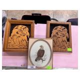 Three American Eagle framed arts - wood carved pai