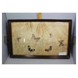 Butterfly and pressed flower glass top tray 1920s