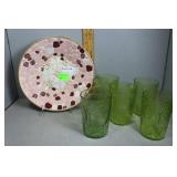 Five green depression water glasses and mosaic pla