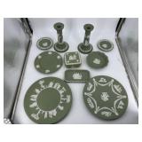 Nine pcs green Wedgewood Jasperware - candlesticks