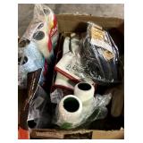 box lot of gloves, staples, paint rollers