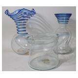 3 PCS. BLENKO GLASS, 2 SIGNED BLOWN VASES WITH