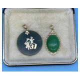 TWO 14KT PENDANTS - JADE CABOCHON & CHINESE JADE
