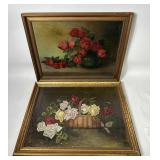 2 FRAMED OIL PAINTINGS OF ROSES - ONE ON CANVAS
