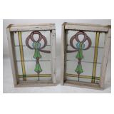 PAIR ART DECO LEADED GLASS WINDOWS, HEAVY PINE