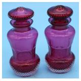 PAIR CUT GLASS STOPPERED BOTTLES WITH CRANBERRY