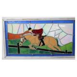EQUESTRIAN LEADED GLASS WINDOW, SHOWING JUMPER,