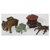 4 CAST IRON STILL BANKS, 2 ELEPHANTS, 3' & 5' H,