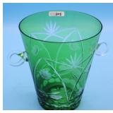 TAL HANDLED CUT GREEN OVERLAY VASE, APPLIED