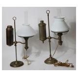 2 OLD BRASS STUDENT LAMPS, ADJUSTABLE, OLD OPAL