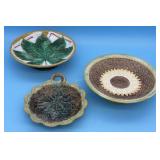 THREE MAJOLICA PLATES - 9' LEAF, 9.5' SUNFLOWER