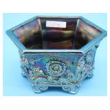 SIGNED FENTON FOOTED 6 SIDED BOWL, FLORAL DESIGN,