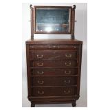 TIGER OAK TALL CHEST WITH BEVELED GLASS MIRRO,