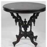 19TH C. PINE OVAL TOP LAMP TABLE, ORNATE BASE,