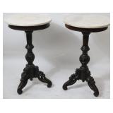 PAIR ORNATELY CARVED MARBLE TOP STANDS, WALNUT,