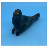 INUIT STONE CARVED SEAL WITH BONE EYES CHIP TO