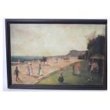 FOLK ART OIL PAINTING, MULTIPLE FIGURES ALONG