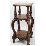 ORNATELY CARVED 3 TIER STAND, WALNUT ON SHAPED