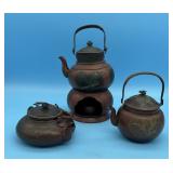 3PC JAPANESE COPPER TEA POT SETS - ONE WITH