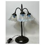 BRASS & IRON 3 ARM TABLE LAMP WITH OPALESCENT