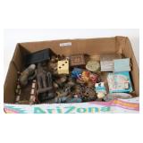 BOX LOT OF MISC. ITEMS, IRON WASHINGTON STATUE,