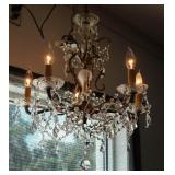 QUALITY CUT CYSTAL 5 ARM CHANDELIER, ORNATE BRASS