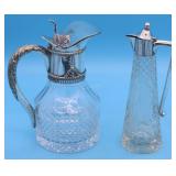 2 CUT GLASS METAL HANDLED PITCHERS, SYRUP STYLE
