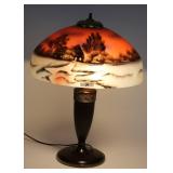 REVERSE PAINTED GLASS TOP TABLE LAMP, WINTER