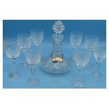 EIGHT WATERFORD WINE GLASSES & STOPPERED DECANTER