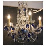 AUSTRIAN CRYSTAL 5 ARM CHANDELIER, CLEAR & COBALT