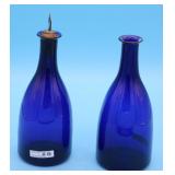 PAIR COBALT BLOWN BAR BOTTLES, OPEN PONTILS, 9