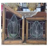 Two part stained glass window in pine frames red a