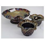 Three pc Fenton black amethyst carnival glass