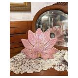MCM glazed ceramic leaf lamps in pink & green 9" o